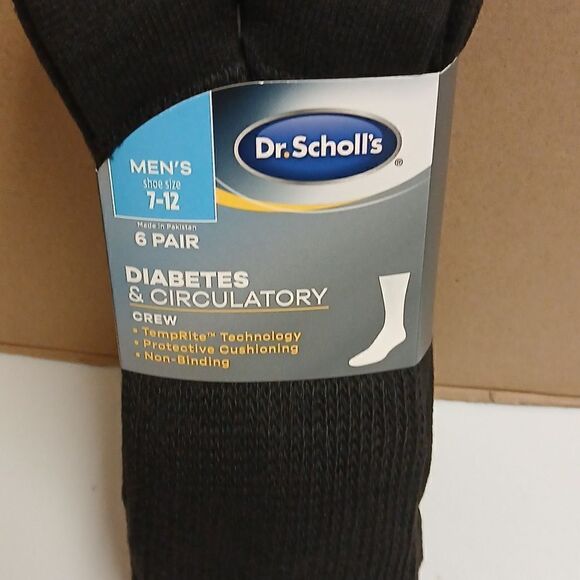 Dr. SCHOLL'S DIABETES AND CIRCULATORY CREW  Size 7-12 Black 6 Pair NWT MENS - Picture 1 of 6